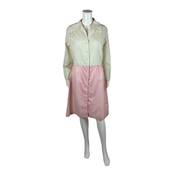 Vintage 60s Shirt Dress Women's Large Pink Cream Adorable Dotted Swiss - Picture 1 of 11